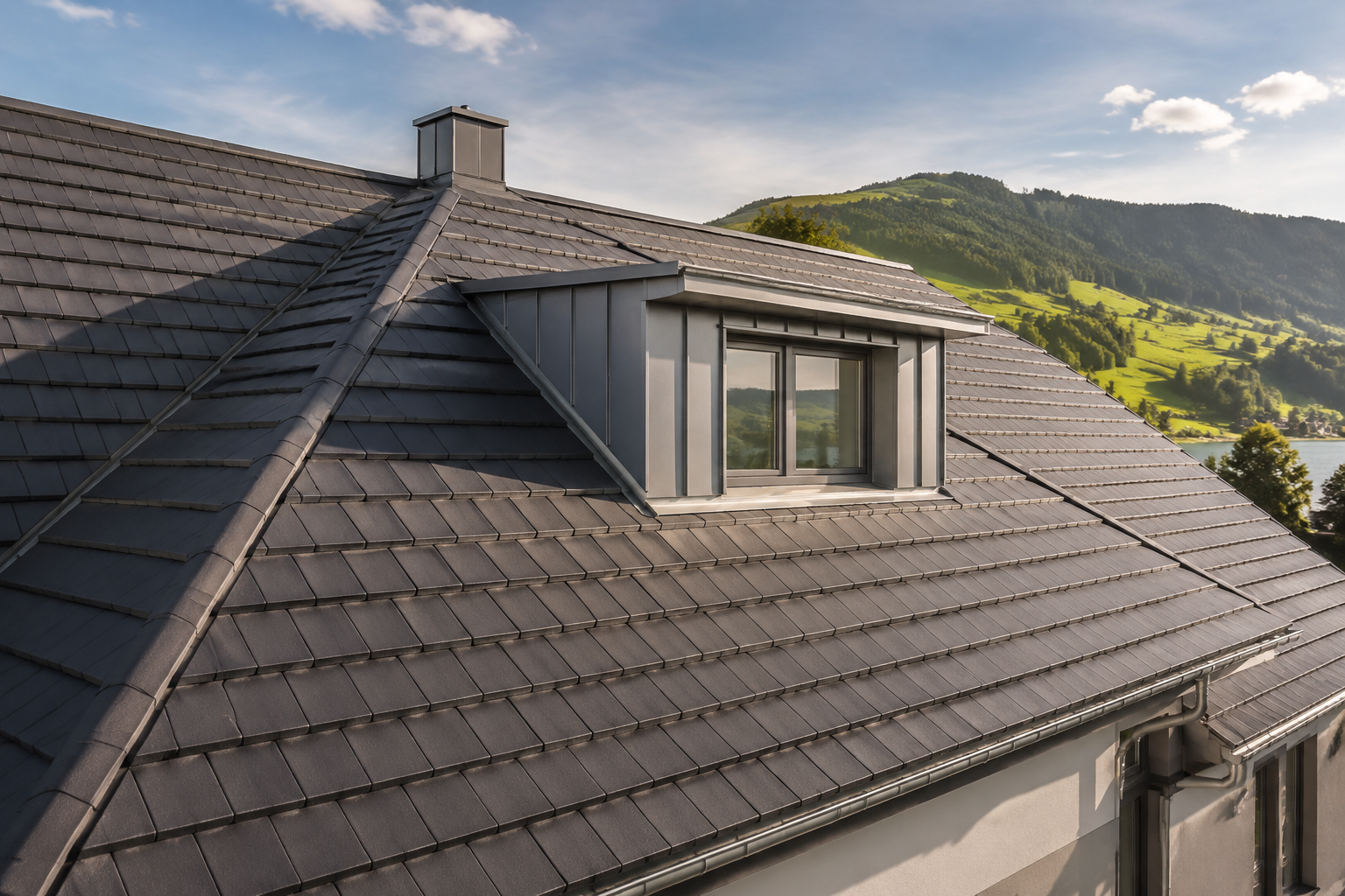 Ziegeldach mit Metalldachgaube — KI-Visualisierung, keine Firmenreferenz